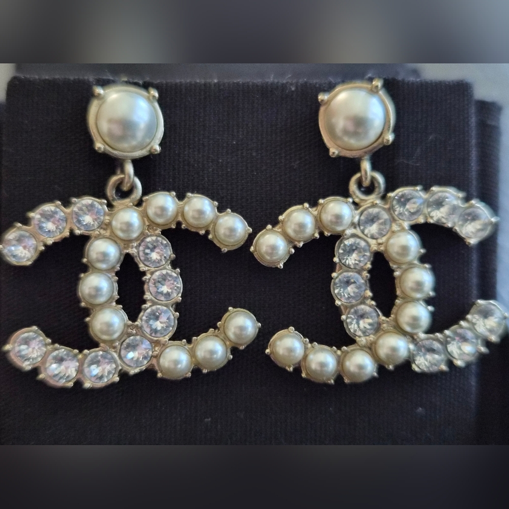 Chanel 20B Faux Pearl and Crystal CC Drop Earrings